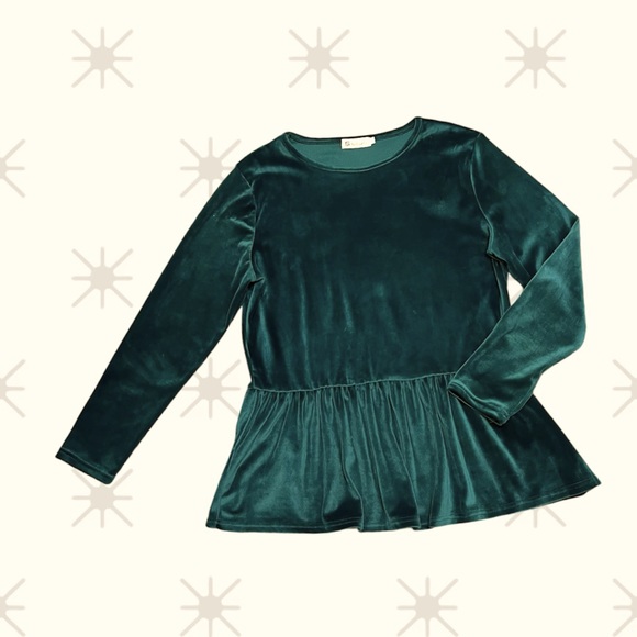 For Gand PL Tops - Green Velvet Peplum Tunic Long Sleeve Large